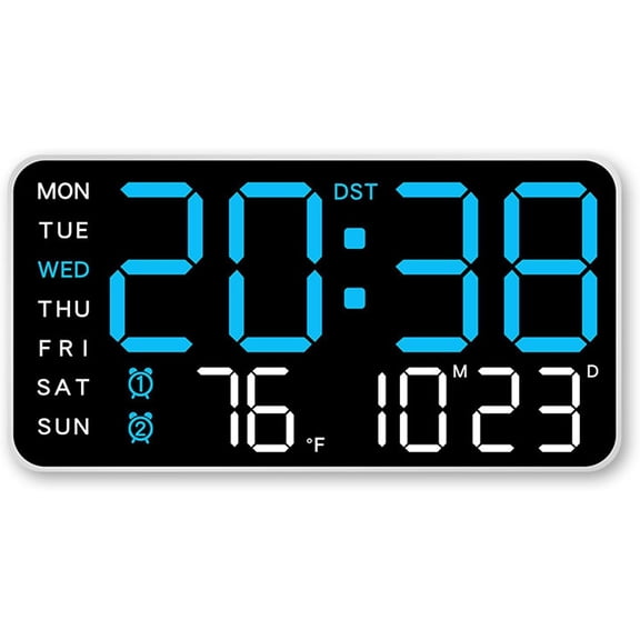Multifunctional Decorative LED Digital Wall Clock, Large LED Display Wall Mount Clock with Date, Week, Temp, Humidity for Living Room Bedroom Office (Blue)