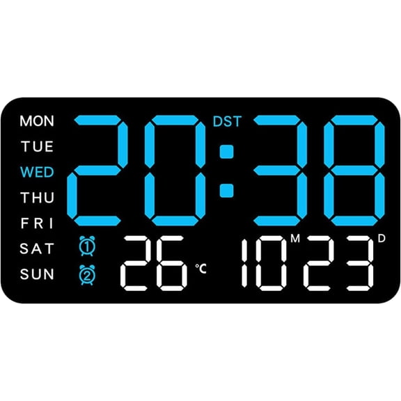 Multifunctional Decorative LED Digital Wall Clock, Modern Large Digital Wall Clock, Large Digital Wall Mount Clocks with Date, Week, Temp, Humidity for Home Office (Blue)