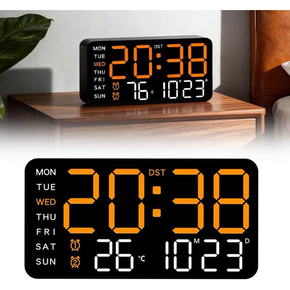 Multifunctional Decorative Led Digital Wall Clock,Large Digital Clock Shows Time,Date,Temperature,Auto Brightness Adjustment,Dual Alarms,Electronic Clock for Livingroom (Orange lamp with black shell)