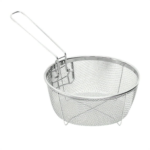 Multifunctional Deep Fry Basket,Stainless Steel Foldable Drain Basket,Heavy Duty Round Wire Mesh French Chip Frying Serving Food Presentation Tableware with Folding Handles, 1Pc(Silver,9x9x3.5")