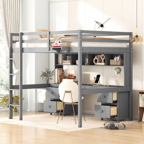 Multifunctional Design - Gray Full Size Loft Bed for Various Needs with Charging Setup