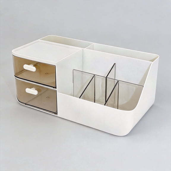 Desktop Storage Box and Office Organizer, Desktop Storage Holder with 2 Drawers, Multiple Compartments, Plastic Material, 1 Count, Medium,White