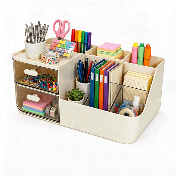 Desktop Storage Box and Office Organizer, Desktop Storage Holder with 2 Drawers, Multiple Compartments, Plastic Material, 1 Count, Medium, Beige