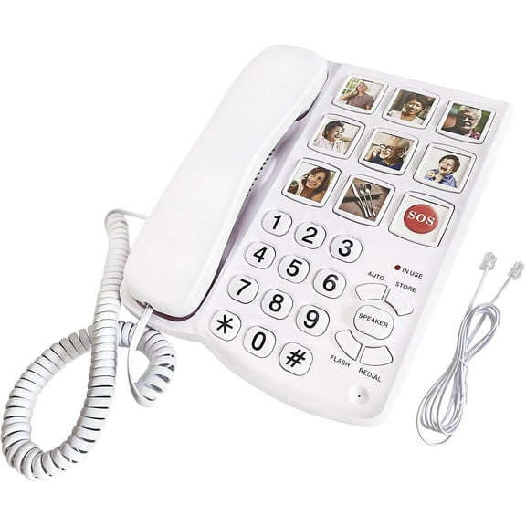 Multifunctional Desktop Telephone, 9 Photo Memory Quick Dialing, Elderly Image Wired Telephone, Adjustable Volume, Battery Free, Hands-Free Function, Suitable for Various scenarios(White)