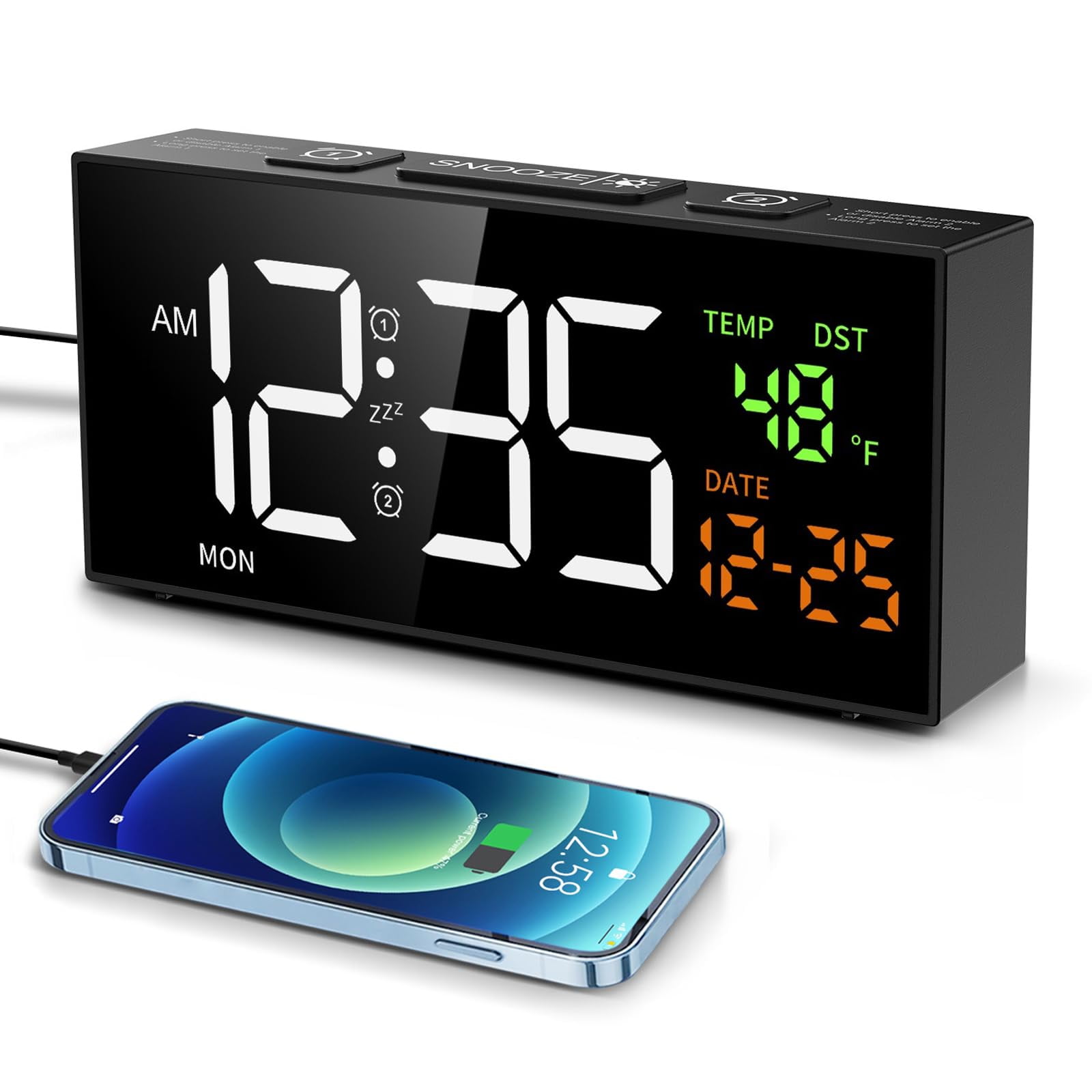 Multifunctional Digital Alarm Clock, Displays Time Date Temperature Day ...