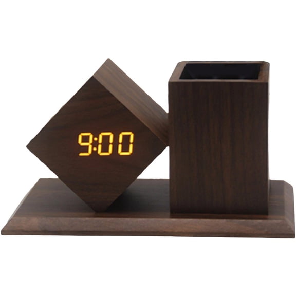 Multifunctional Digital Alarm Clock, LED Time Date Temperature Display 4 Level Brightness Adjustment Sound Activated with Pencil Pen Holder Desk Organizers