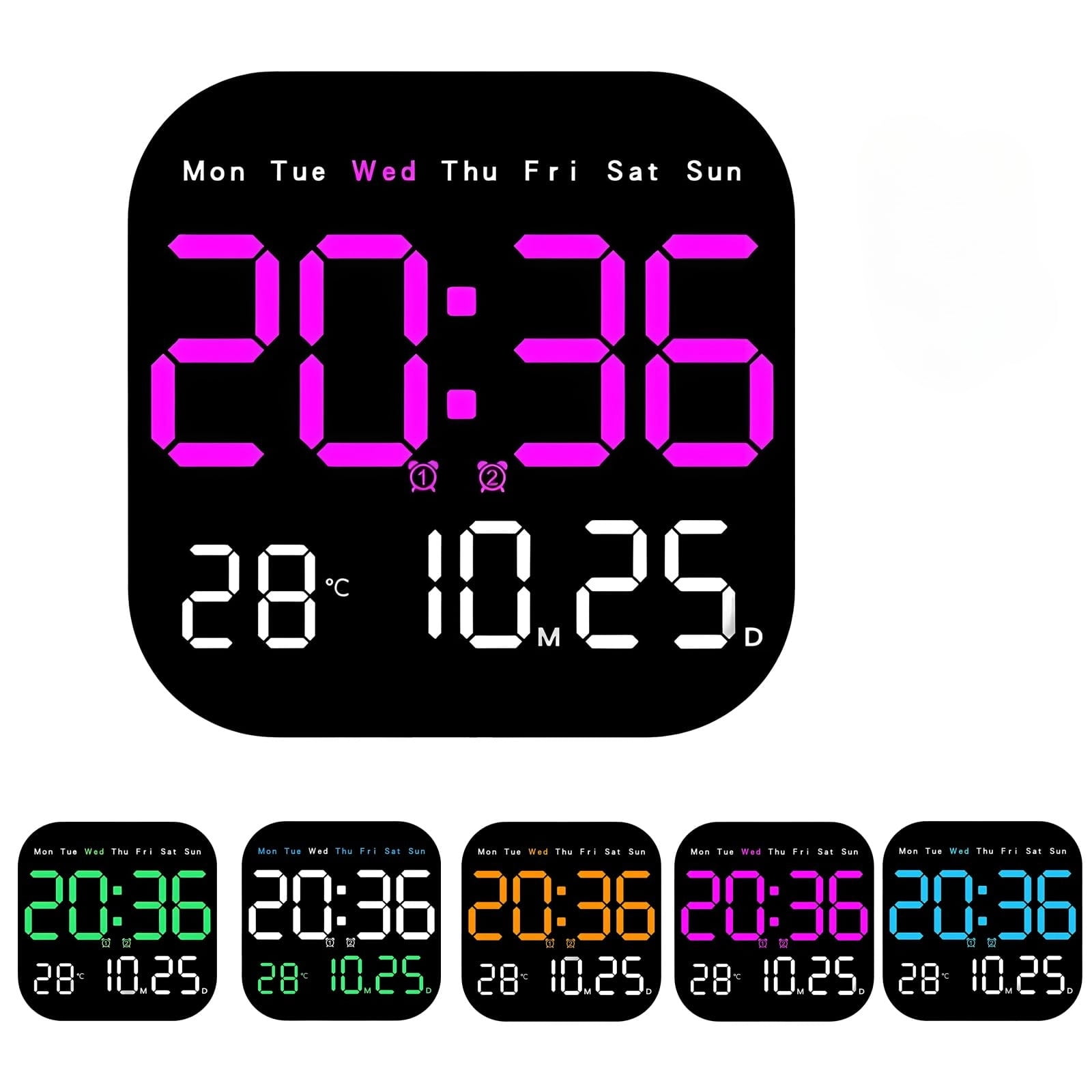 Multifunctional Digital Alarm Clock for Home & Office, Large LED Display with Remote, Hidden Desk Stand, Dimmable Wall Mount Calendar, Temp & Timer