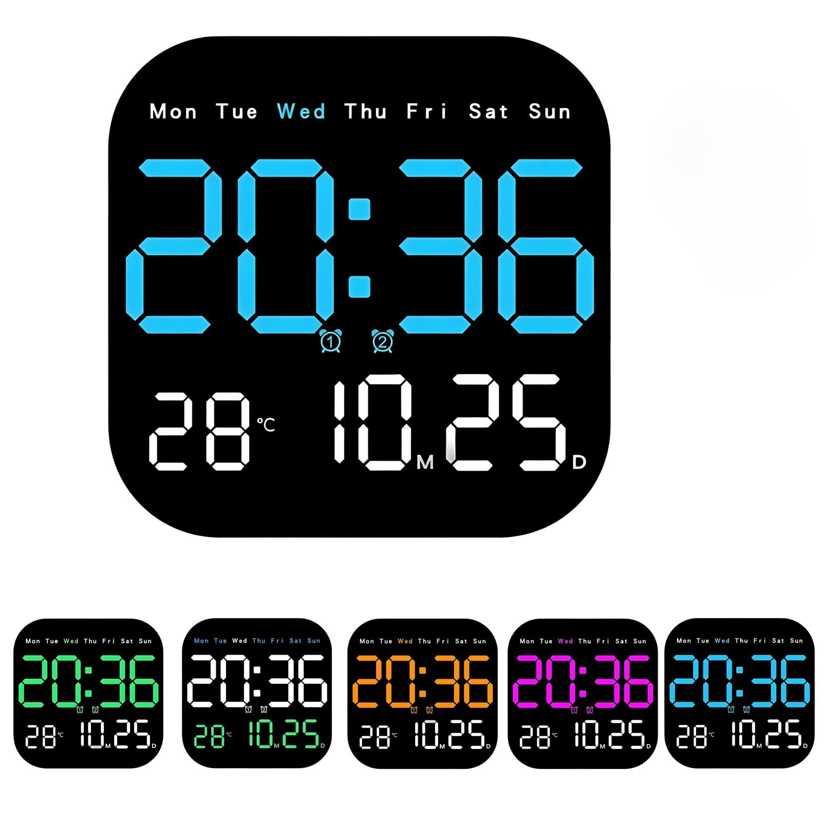 Multifunctional Digital Alarm Clock for Home & Office, Large LED Display with Remote, Hidden Desk Stand, Dimmable Wall Mount Calendar, Temp & Timer