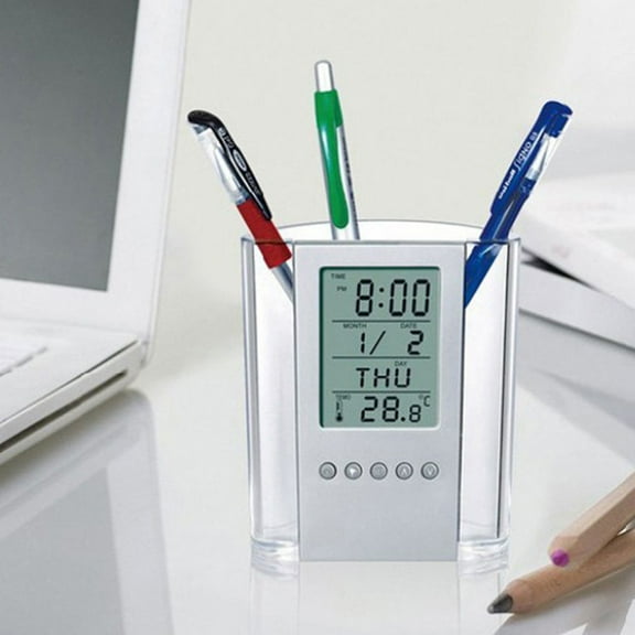 Multifunctional Digital Desk Organizer with LCD Alarm Clock Calendar Display and Pen Holder Stationery Accessory