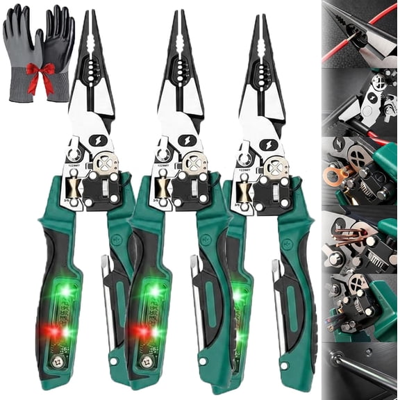 Multifunctional Digital Electrician's Pliers, 25 In 1 Wire Stripper with Voltage Tester, Multifunction Wire Stripping Pliers, Heavy Duty Cable Cutter, Electrical Twister Crimping Tool (3-Green)