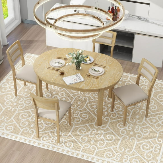 Multifunctional Dining Table Set with Extendable Round Table, 5 Piece Dining Room Table Set with Two Small Drawers and 4 Upholstered Dining Chairs, Round for Kitchen(Natural)