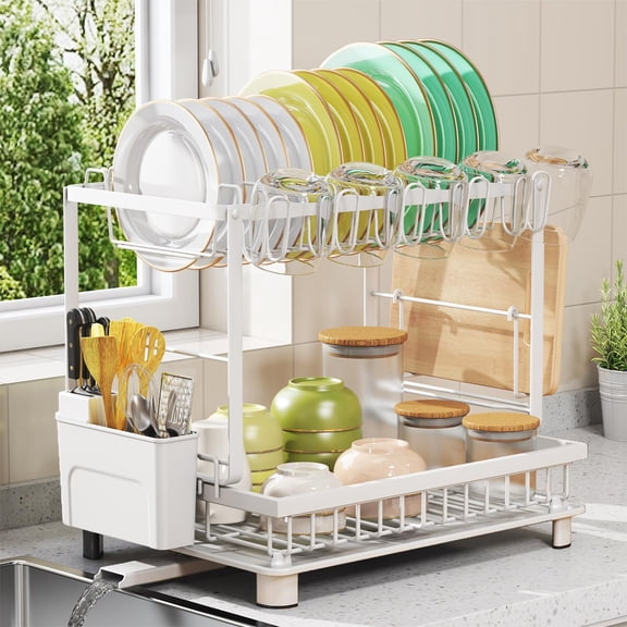 Multifunctional Dish Drying Rack - Rustproof, 2-Tier Dish Racks with Drainboard, Space-Saving Design, Utensil & Cup Holder for Kitchen Counter, White