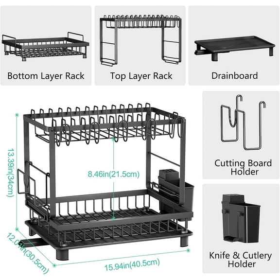 Multifunctional Dish Drying  - Rustproof, 2-Tier with Drainboard, Space-Saving Design for Kitchen Counter