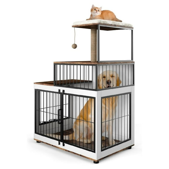 Multifunctional Dog Crate, 2-in-1 Dog Cage with Cat Perch, Wooden & Metal Pet Furniture, Dog Enclosure with 2 Food Bowl, Storage Shelves, for Dog Cat, Climbing Playing Sleeping