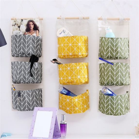 Multifunctional Door Wall Hanging Cotton Linen Storage Bag with Wooden Rod 3 Pockets Rectangular Sundries Organizer for Bedroom Dorm Bathroom Office Small Item Storage