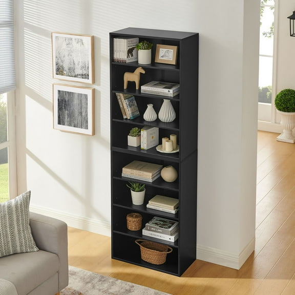 Multifunctional Double-Layer Bookcase With Adjustable Shelves For CD DVD Storage In Home Or Office, 8-Layer Design,Black