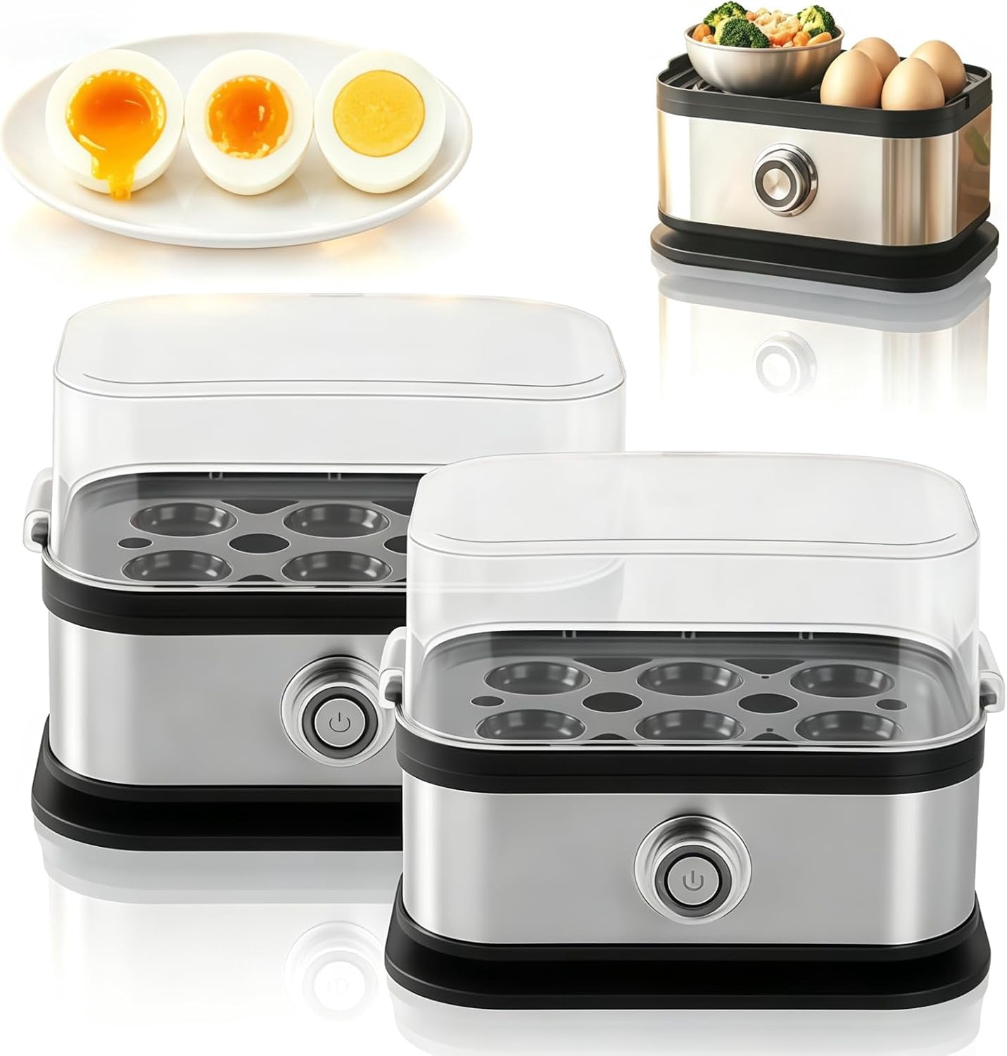 Multifunctional Egg Steamer With Clear Lid-2026 New Electric Egg Cooker 6 Egg Capacity Auto Shutoff, 304 Stainless Steel, Detachable Parts, Dry-Burn Protection (2pcs)