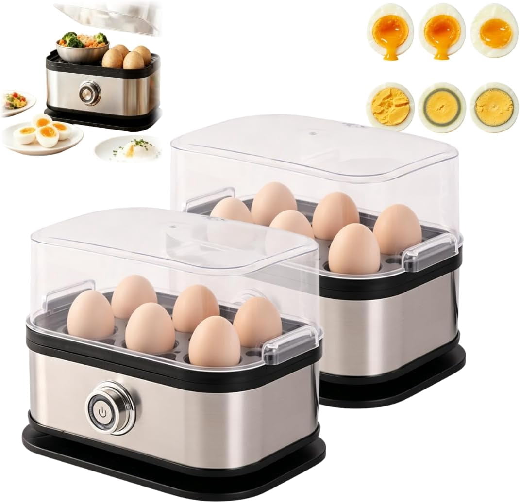 Multifunctional Egg Steamer With Clear Lid, 2026 Upgraded Compact 6 Egg Electric Cooker, 304 Stainless Steel, Hard Boiled, Poacher, Omelet Maker Egg Poacher (2PCS)
