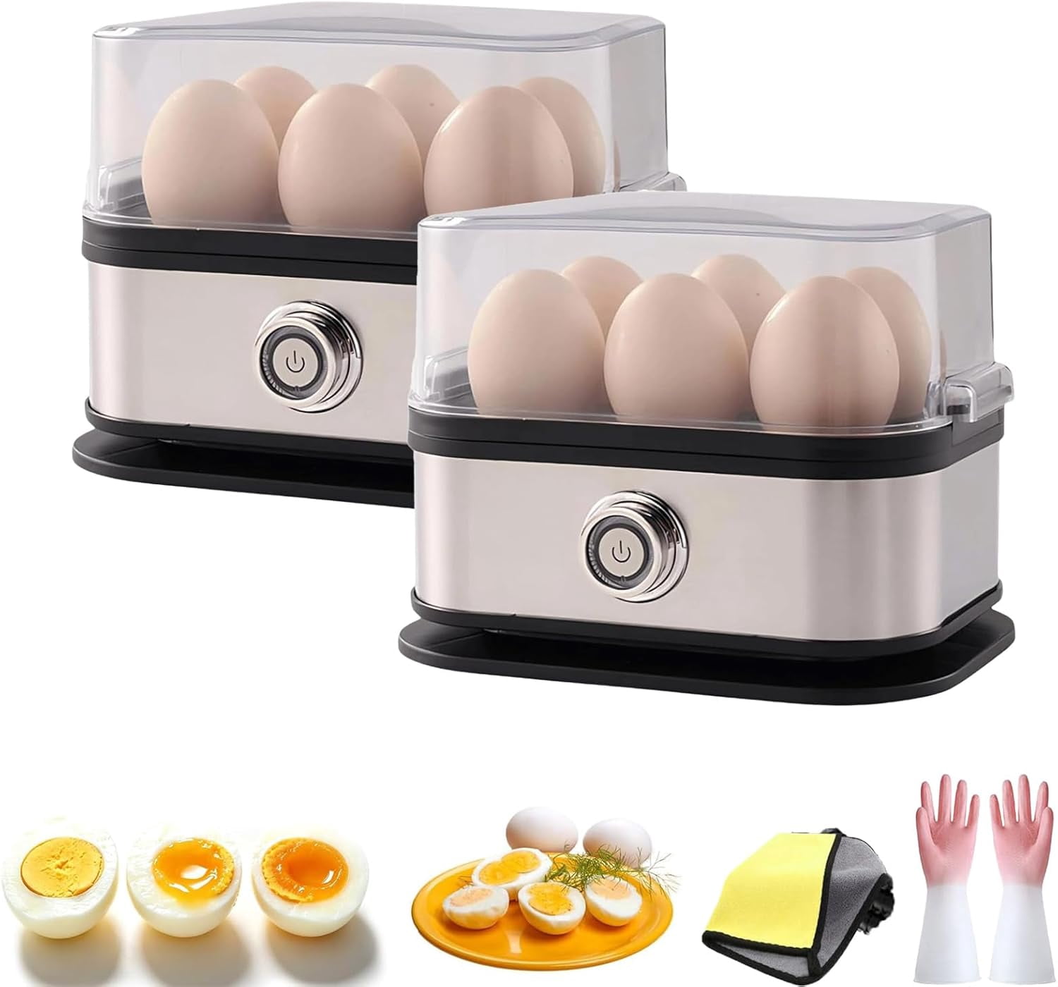 Multifunctional Egg Steamer with Clear Lid, 6 Capacity Electric Egg Cooker for Hard Boiled Eggs | Rapid 360° Steamer with Auto Shut-Off, Compact Metal Design for RV, Dorms & Fitness Meal Prep (2Pcs)