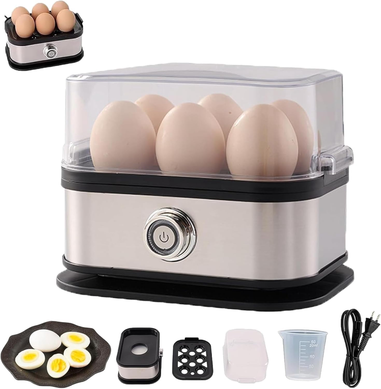 Multifunctional Egg Steamer With Clear Lid, 6 Egg Capacity Electric Egg Cooker, 304 Stainless Steel, Auto Shut Off, Fast Boiling for Soft Medium Hard Boiled Eggs