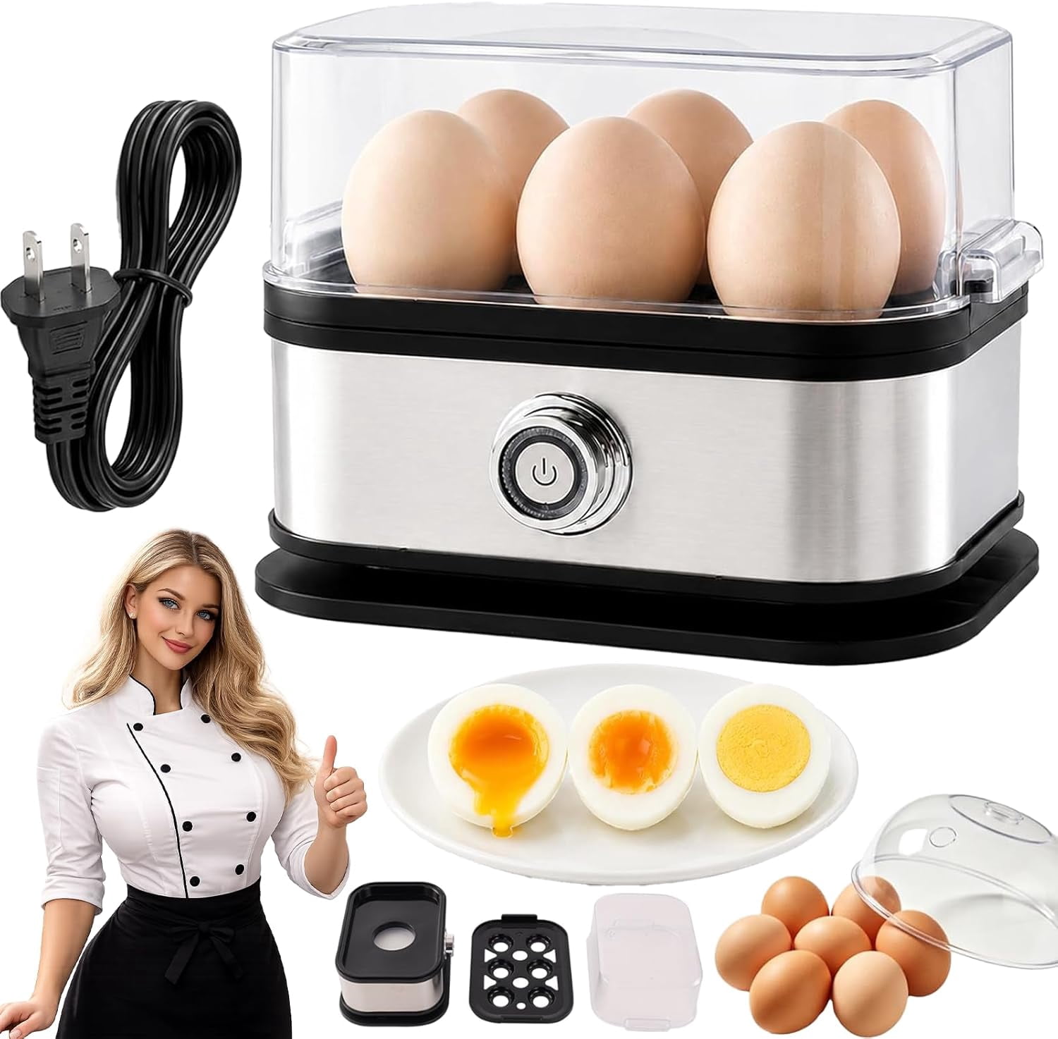 Multifunctional Egg Steamer with Clear Lid, Electric Egg Cooker for 6 Eggs with Auto Shutoff, 304 Stainless Steel Rapid Cooker with Dry-Burn Protection for Soft, Medium or Hard-Boiled Eggs (1PC)