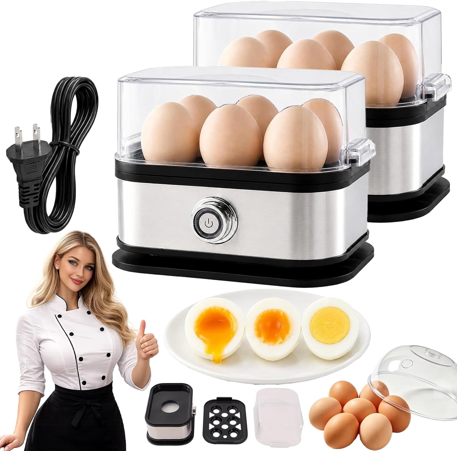 Multifunctional Egg Steamer with Clear Lid, Electric Egg Cooker for 6 Eggs with Auto Shutoff, 304 Stainless Steel Rapid Cooker with Dry-Burn Protection for Soft, Medium or Hard-Boiled Eggs (2PC)