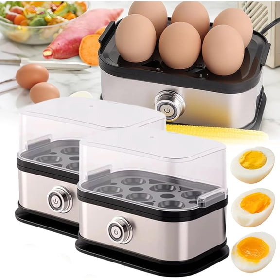 Multifunctional Egg Steamer with Clear Lid, Rapid Electric Egg Cooker 6 Egg Capacity Auto Shutoff, Compact Hard Boiled Egg Maker Machine, Stainless Steel Egg Boiler for Soft Poached Eggs (2Pcs)