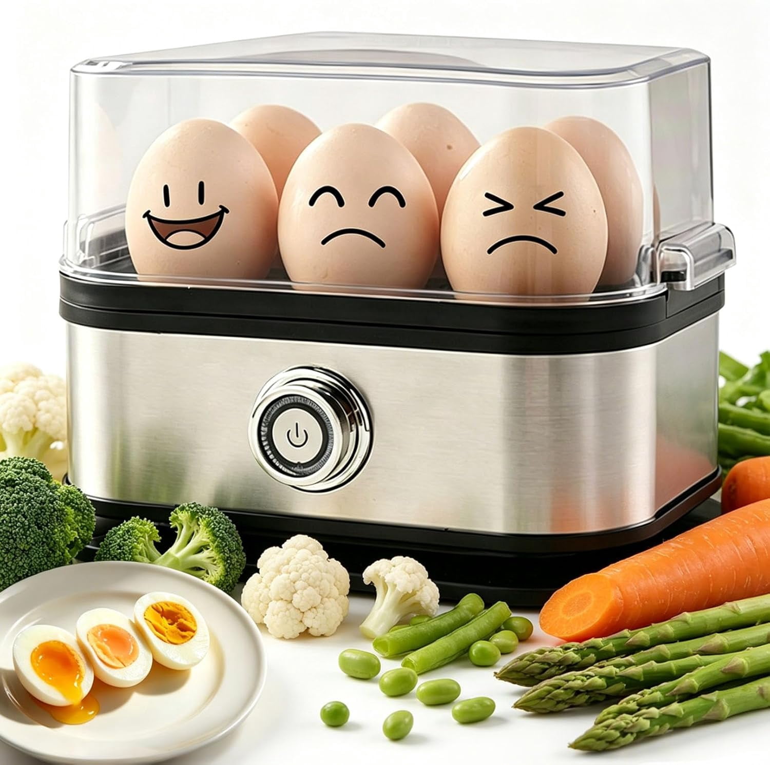 Multifunctional Egg Steamer with Clear Lid, Compact 6 egg Electric Cooker, for Soft, Medium, Hard Boiled,Dorms & Fitness Meal Prep