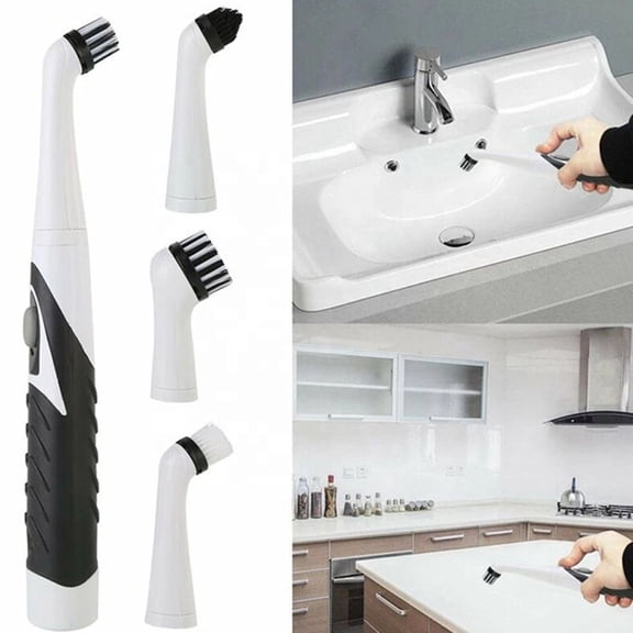 Multifunctional Electric Cleaning Brush Set with 4 Interchangeable Heads for Kitchen, Bathroom, Sink, Toilet - Portable Handheld Scrubber, Battery-Operated, 10.23" Long, Yellow/White/Blue