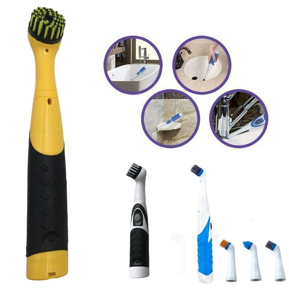 Multifunctional Electric Cleaning Brush Set with 4 Interchangeable Heads for Kitchen, Bathroom, Sink, Toilet - Portable Handheld Scrubber, Battery-Operated, 10.23" Long, Yellow/White/Blue