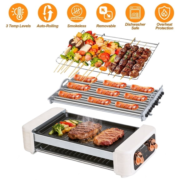 Multifunctional Electric Hot Dog Roller Machine, 3-in-1 Sausage Grill with Non-Stick Griddle, Smokeless BBQ Grill for Home, Dorm, RV, Party, Overheat Protection