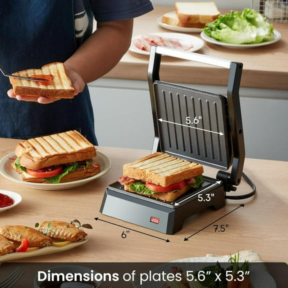 Multifunctional Electric Press with 180° Flat Grill, Non-Stick Surface, Cool-Touch Handle, Compact Black Appliance