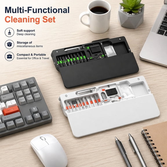 Multifunctional Electronics Cleaning Kit, Pen-Style Detail Cleaner Set, Includes Screen Brush & Keyboard Wrist Rest, Ergonomic Palm Support for Office Desk Setup, White
