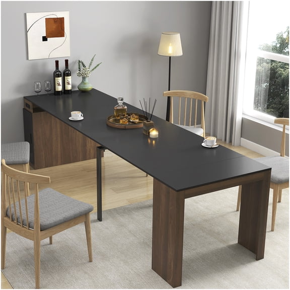 Multifunctional Expandable Table with Electrical Outlets, Space Saving Extendable Dining Table for Home Office and Events, Walnut Black