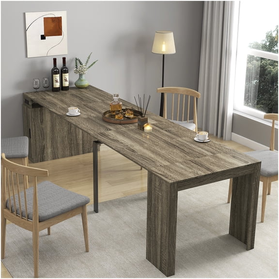 Multifunctional Expanding Table with Electrical Outlet, Brown Extendable Dining Table with Storage for Parties and Meetings