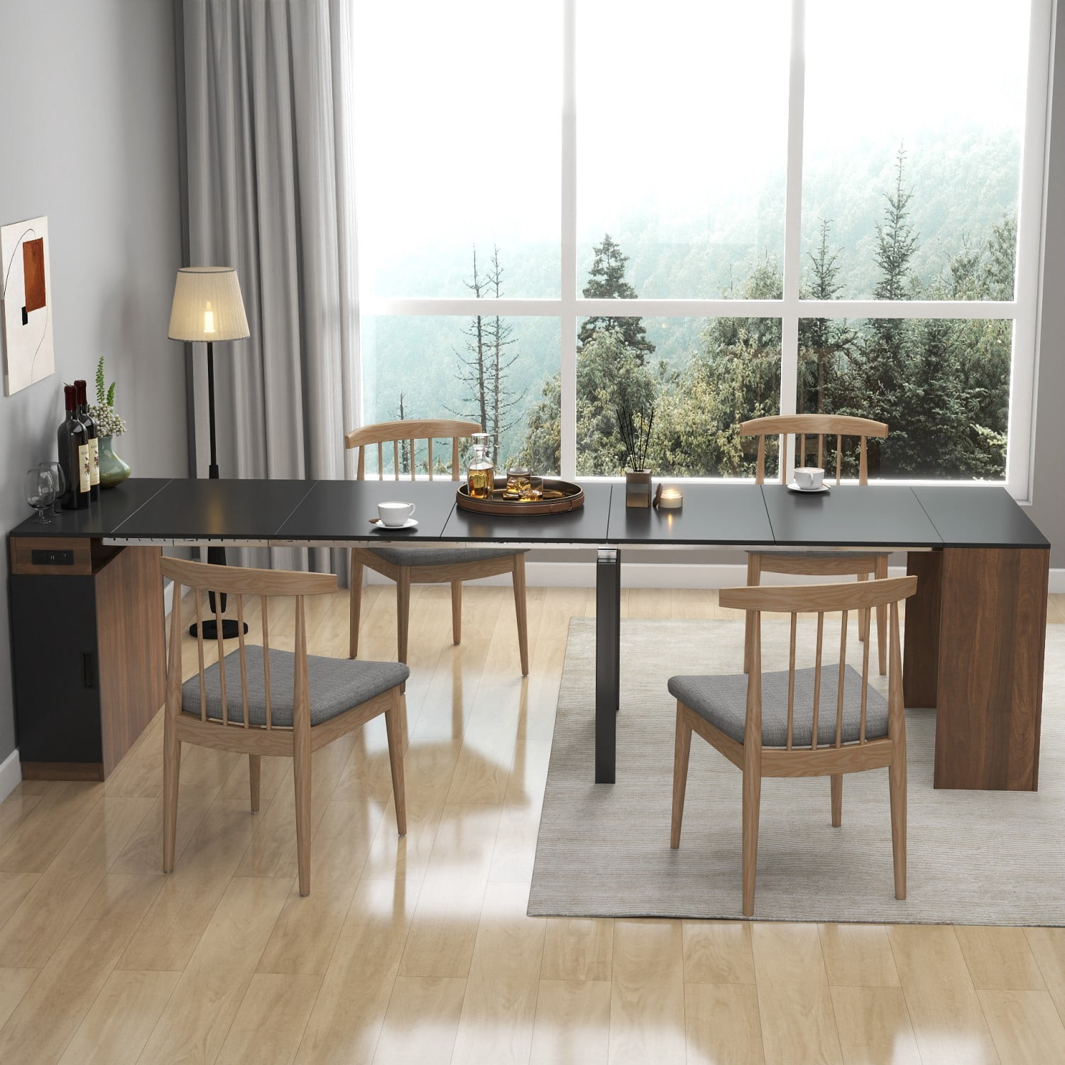 Multifunctional Extendable Console Table, 118.11" Large Expandable Dining Table with Storage Extension Design, Modern Wood Desk for Dining, Living, Home Office & Small Spaces, Walnut+black