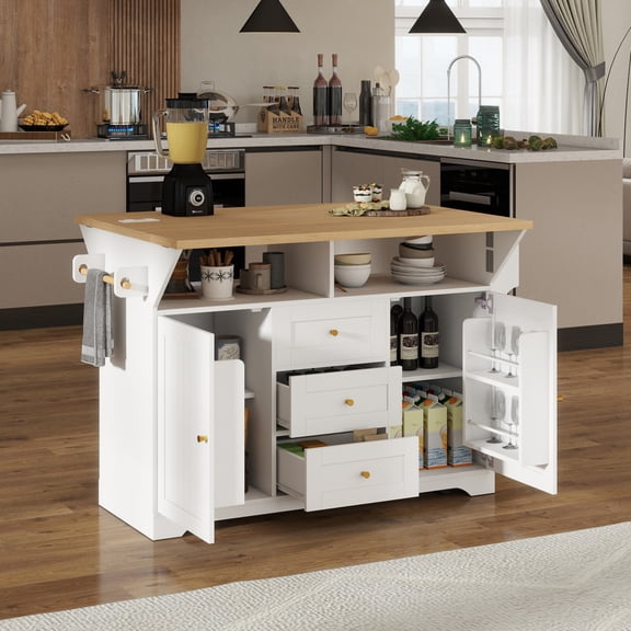 Multifunctional Extendable Kitchen Island Cart with US Standard Outlet, 47x18x36 Inch Mobile Storage Cabinet with 5 Wheels, 1 Inch Thick Top Board, Clear Manual and Installation Video