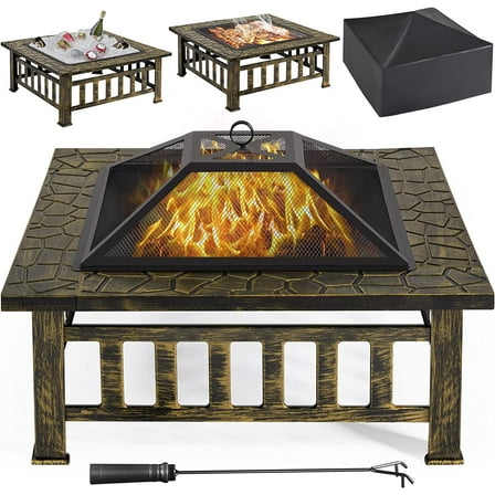 Multifunctional Fire Pit Table 32in Square Metal Firepit Stove Backyard Patio Garden Fireplace for Camping, Outdoor Heating, Bonfire and Picnic