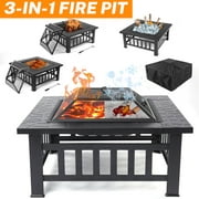 Multifunctional Fire Pit Table, Metal Fire Pit for Outside Stone Pattern, Wood Burning Outdoor Fireplace with Screen Lid/Poker for Backyard Patio Garden, 32"