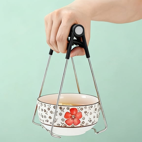 Multifunctional Foldable Bowl Clip Stainless Steel Lifter with Plastic Handle Kitchen Cookware Gripper-Black