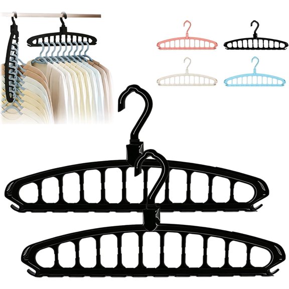 Multifunctional Foldable Clothes Hanger with 11-Hole, Space Saving Anti-Skid Folding Hanger with 360° Rotation Hooks, Closet Organizer, Horizontal/Vertical Use, for Dorm & Travel (2, Black)
