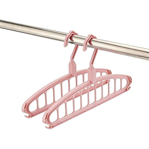 Multifunctional Foldable Clothes Hanger with 11-Hole - Upgrade Space Saving Hanger with 360° Rotation Hooks(Pink*2)
