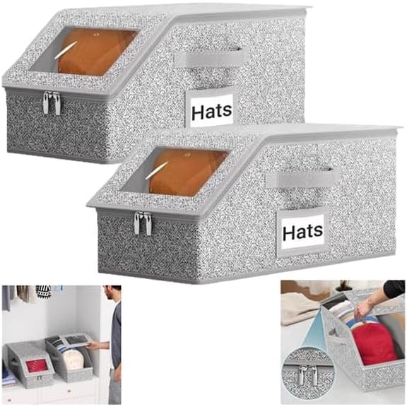 Multifunctional Foldable Dust Hat Storage Box,Smooth Durable Metal Zipper Hat Storage Holder,Dust-Proof Hat Boxes Container Accommodates 12 Hats With Clear Window For Home