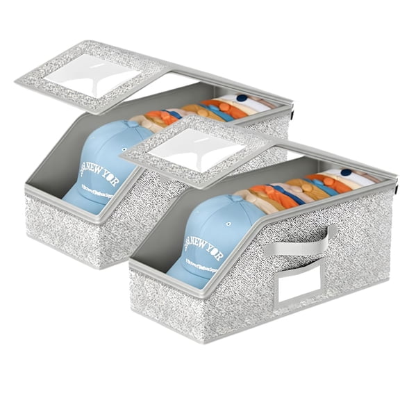 Multifunctional Foldable Dust Hat Storage Box, Stackable Hat Storage for Baseball Caps, Baseball Cap Storage Organizer Boxes, Sturdy Snapback Hat Boxes with Clear Window for Closet(2pcs)
