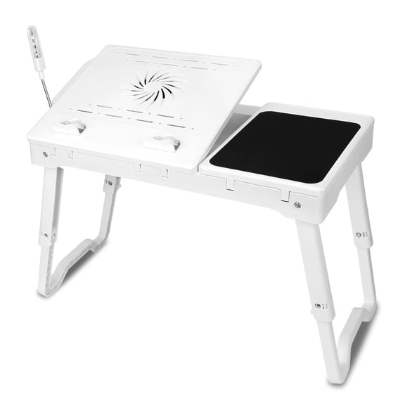 Multifunctional Foldable Laptop Desk with Cooling Fan & LED Light - White