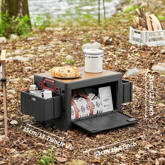 Multifunctional Foldable Outdoor Camping Storage Box, Adjustable Wooden Tabletop with Side Drawers, Heavy Duty Waterproof Storage Cabinet, Storage Table for Backyard Beach Picnic RV Camping Gear