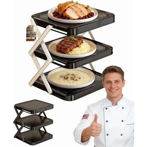 Multifunctional Foldable Vertical Plate Racks for Cabinet,Multi-Layer Dish & Prep Tray Storage Rack, Vegetable Plate Display Rack Organizer Dish, Compact and easy to store when folded (Black)