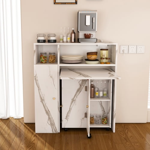 Multifunctional Folding Dining Table with Wall-Mounted Sideboard, Built-in Power Outlets & Storage for Small Apartments, White