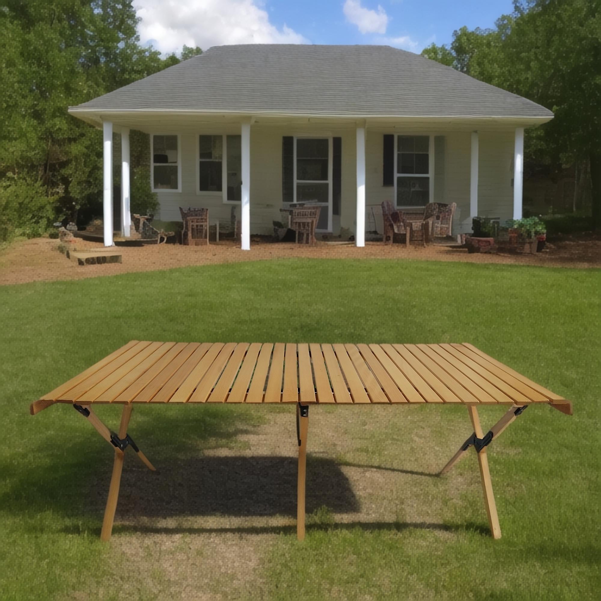 Multifunctional Folding Table, Portable Wooden Outdoor Dining Table for Camping Backyard Party, Natural