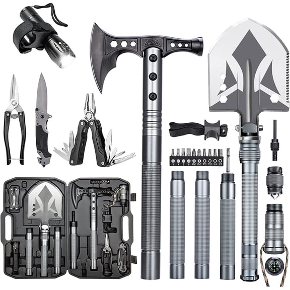 Multifunctional Folding Tactical Shovel Hatchet Combo - With Axe, Flashlight, Extension Handles - For Camping, Cycling, Hiking - 19.3-40.9 Inches